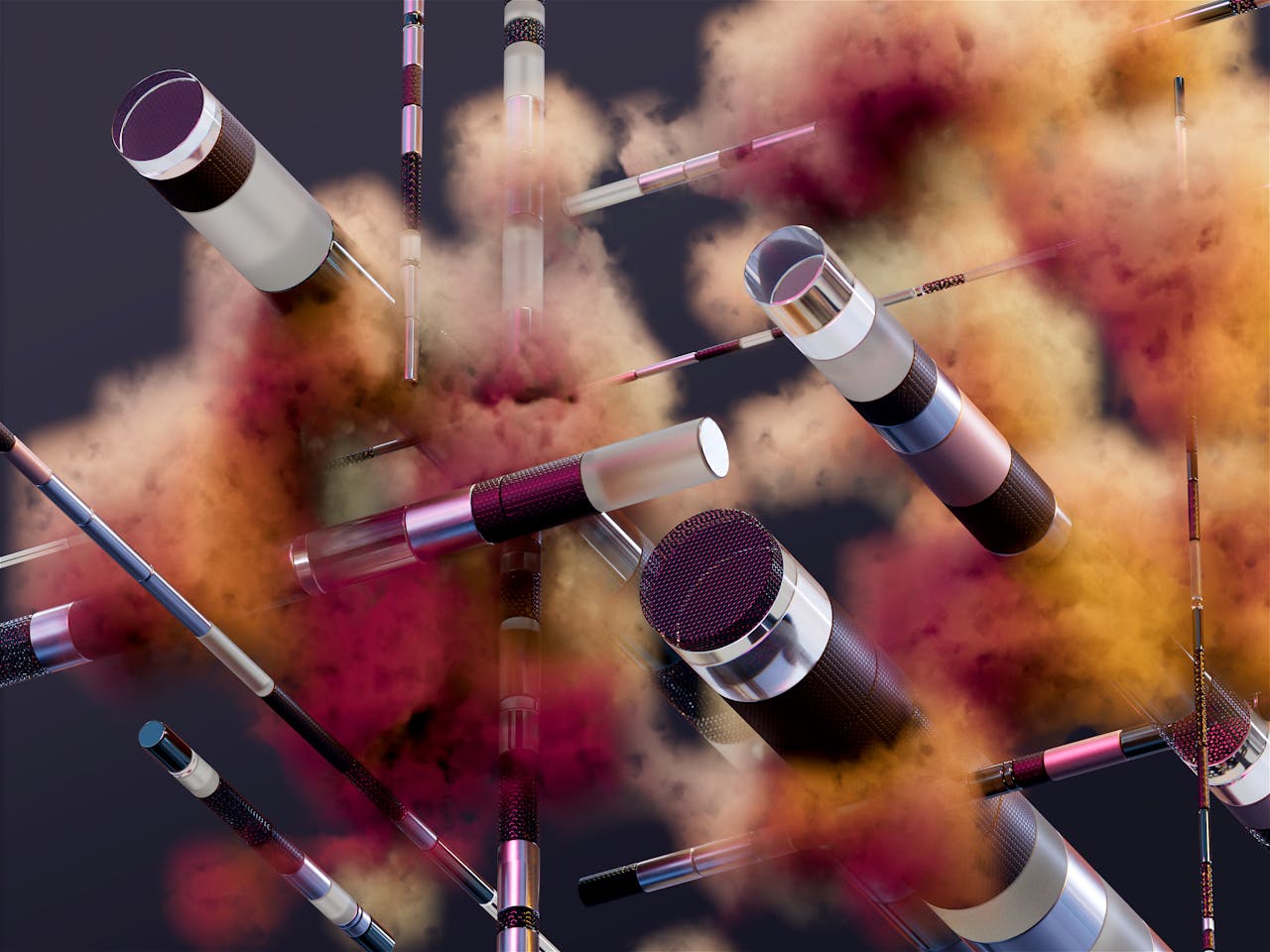 services-03 An abstract display of vibrant makeup brushes amidst colorful smoke clouds, showcasing creativity.