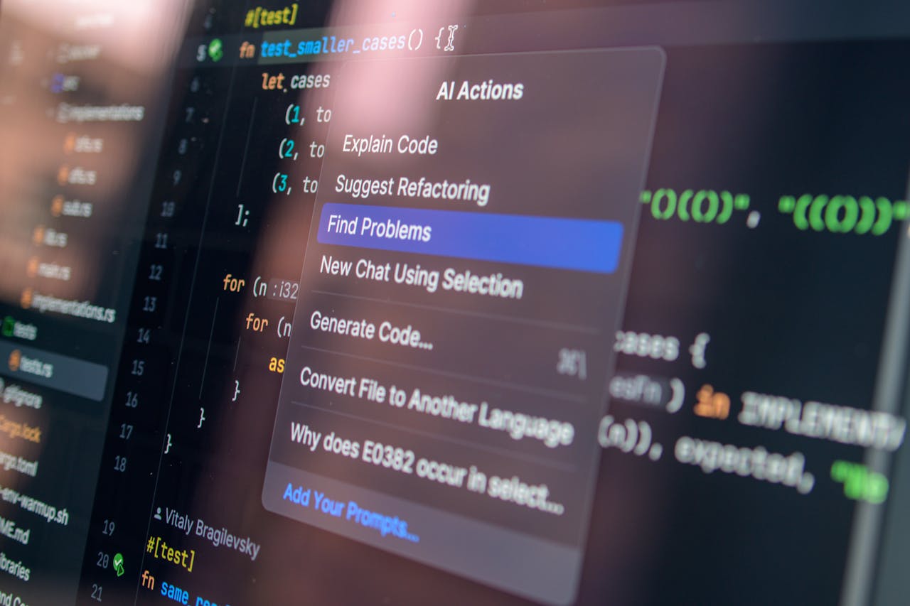 hero-img-01 Close-up of AI-assisted coding with menu options for debugging and problem-solving.